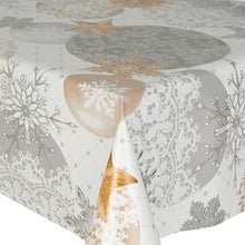 Load image into Gallery viewer, PVC Baubles White - Wipe Clean Table Cloth Snowflake Gold Silver Stars
