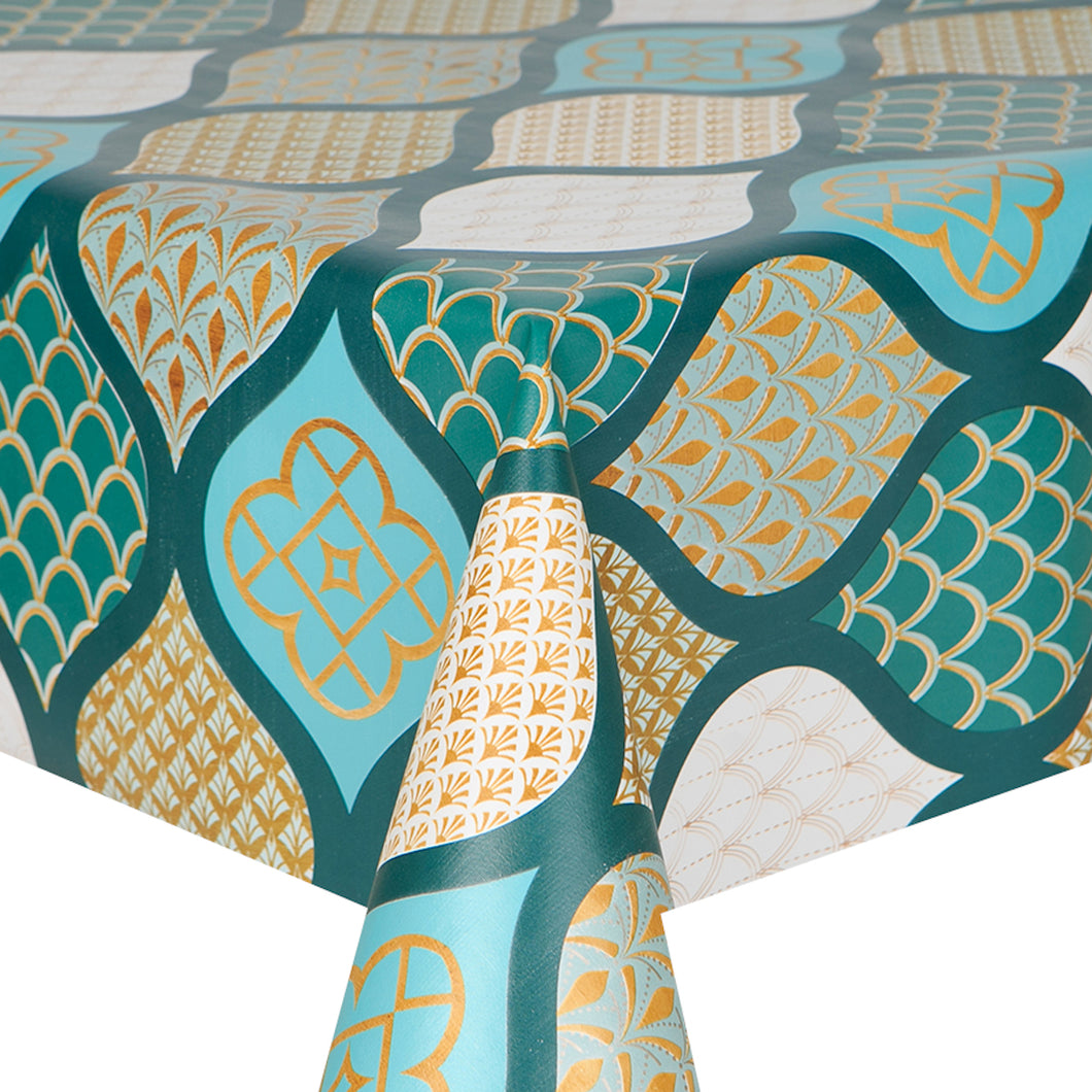 PVC Persian Teal - Wipe Clean Table Cloth Jade Green Gold Scallop
