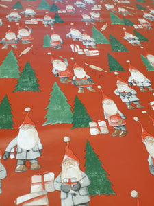 PVC Kitchen Gnomes Red - Wipe Clean Table Cloth Xmas Gonks Cooking Fir Tree White Green