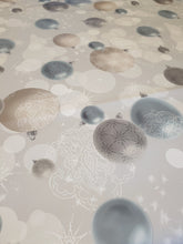 Load image into Gallery viewer, PVC Glitz Baubles Silver - Wipe Clean Table Cloth Xmas Snowflake Lace Mink Grey