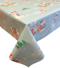 Load image into Gallery viewer, PVC Snowman Wave Blue - Wipe Clean Table Cloth Xmas Polar Bear Presents Tree Igloo