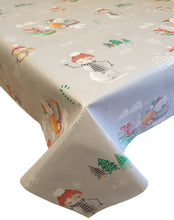 Load image into Gallery viewer, PVC Snowman Wave Grey - Wipe Clean Table Cloth Xmas Polar Bear Presents Tree Igloo