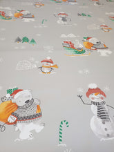 Load image into Gallery viewer, PVC Snowman Wave Grey - Wipe Clean Table Cloth Xmas Polar Bear Presents Tree Igloo