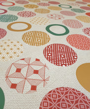 Load image into Gallery viewer, PVC Sphere Red - Wipe Clean Table Cloth Geo Circles Green Gold