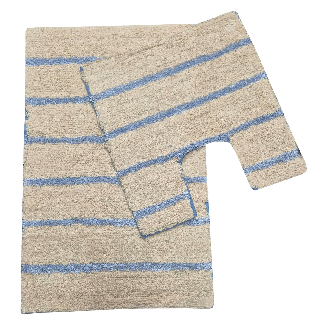 Stripe Cream / Blue - Bath Mat And Pedestal Set