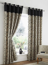 Load image into Gallery viewer, Corvette Black - Eyelet Curtain Pair Flocked Flowers Beige Faux Silk