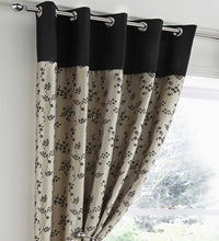 Load image into Gallery viewer, Corvette Black - Eyelet Curtain Pair Flocked Flowers Beige Faux Silk