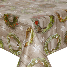 Load image into Gallery viewer, PVC Xmas Wreaths - Wipe Clean Table Cloth Festive Garland Wooden Planks