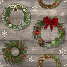Load image into Gallery viewer, PVC Xmas Wreaths - Wipe Clean Table Cloth Festive Garland Wooden Planks
