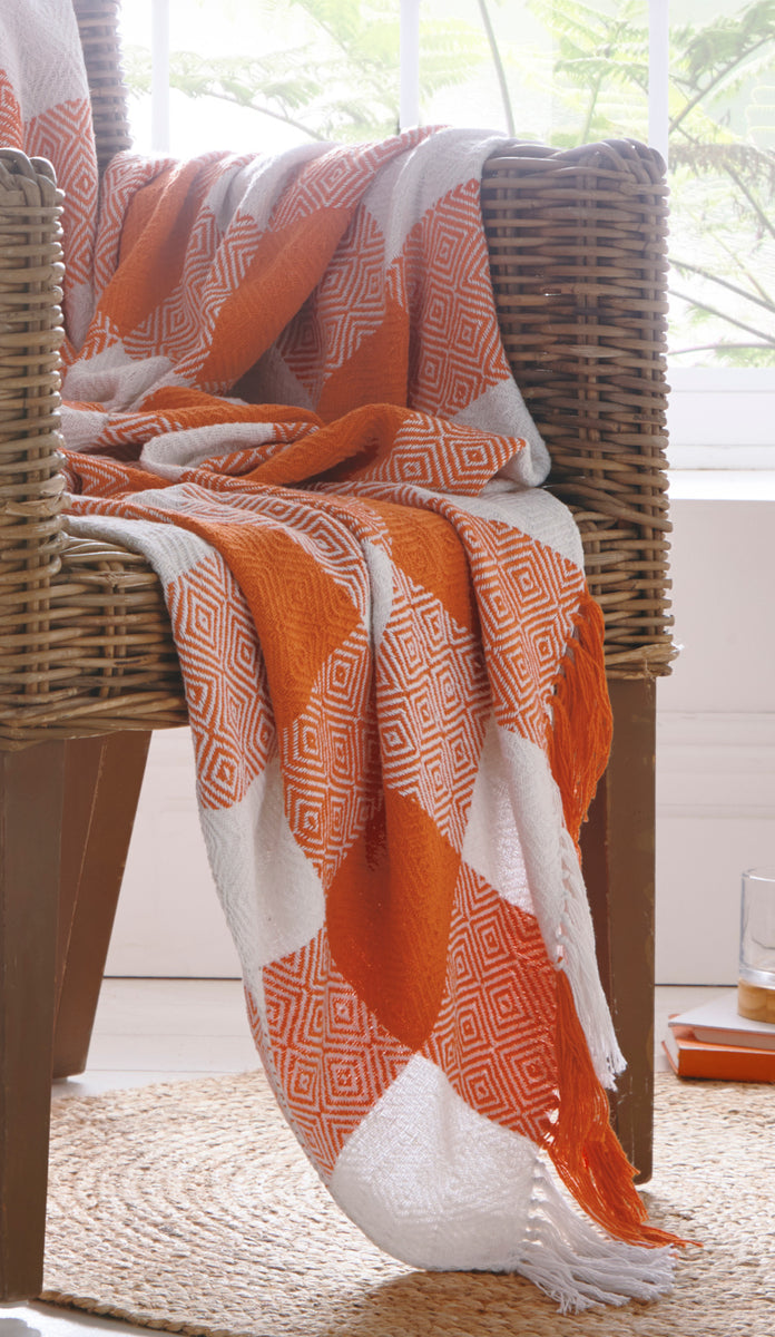 Epsom Terracotta Throw Geometric Diamond Orange White Check Blanket