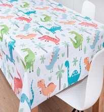 Load image into Gallery viewer, PVC Jurassic - Wipe Clean Table Cloth Dinosaurs T-Rex Trees Blue Green Orange Pastel