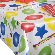 Load image into Gallery viewer, PVC Party Time - Wipe Clean Table Cloth Balloons Stars Whistles Red Blue Yellow Green