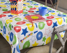 Load image into Gallery viewer, PVC Party Time - Wipe Clean Table Cloth Balloons Stars Whistles Red Blue Yellow Green