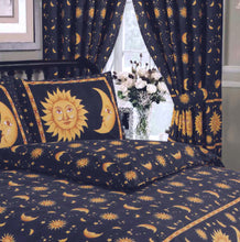 Load image into Gallery viewer, Sun & Moon Blue - Curtain Pair Space Stars Navy Yellow