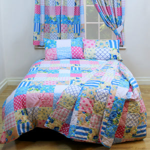 Patchwork Blue - Pillowcase Pair Polka Check Floral Pink Beige