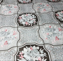 Load image into Gallery viewer, PVC Bouquet Grey - Wipe Clean Table Cloth Pink Slate Charcoal Floral Leaf Scroll Patchwork
