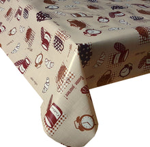 Load image into Gallery viewer, PVC Breakfast Brown - Wipe Clean Table Cloth Croissants Tea Cups Polka Dot Gingham Check