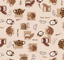 Load image into Gallery viewer, PVC Breakfast Brown - Wipe Clean Table Cloth Croissants Tea Cups Polka Dot Gingham Check