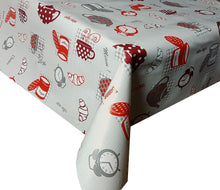 Load image into Gallery viewer, PVC Breakfast Grey Red - Wipe Clean Table Cloth Croissants Tea Cups Polka Dot Gingham Check