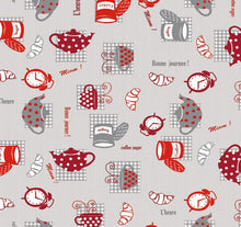 Load image into Gallery viewer, PVC Breakfast Grey Red - Wipe Clean Table Cloth Croissants Tea Cups Polka Dot Gingham Check
