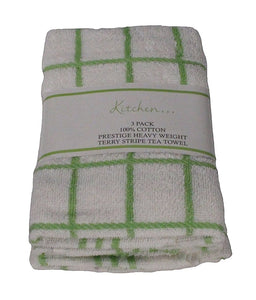 Fancy Stripe Tea Towels Green - 3 Pack Terry Check White