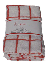 Load image into Gallery viewer, Fancy Stripe Tea Towels Red - 3 Pack Terry Check White
