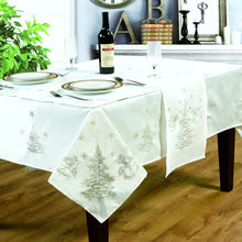 Load image into Gallery viewer, Festive White Silver - Christmas Table Cloth Range Embroidered Fir Tree Faux Silk