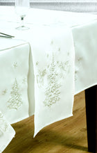 Load image into Gallery viewer, Festive White Silver - Christmas Table Cloth Range Embroidered Fir Tree Faux Silk
