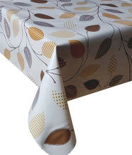 Load image into Gallery viewer, PVC Funky Leaf Natural - Wipe Clean Table Cloth Brown Grey Latte Vine Leaves Polka Gingham Check Squares