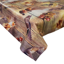 Load image into Gallery viewer, PVC Game - Wipe Clean Table Cloth Woodland Hunting Animals Pheasant Fox Duck Acorns Wooden Planks