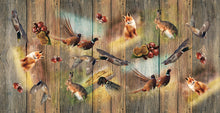 Load image into Gallery viewer, PVC Game - Wipe Clean Table Cloth Woodland Hunting Animals Pheasant Fox Duck Acorns Wooden Planks