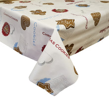 Load image into Gallery viewer, PVC Gingerbread Cookies - Wipe Clean Table Cloth Festive Recipe Hearts Stars Beige Red Brown