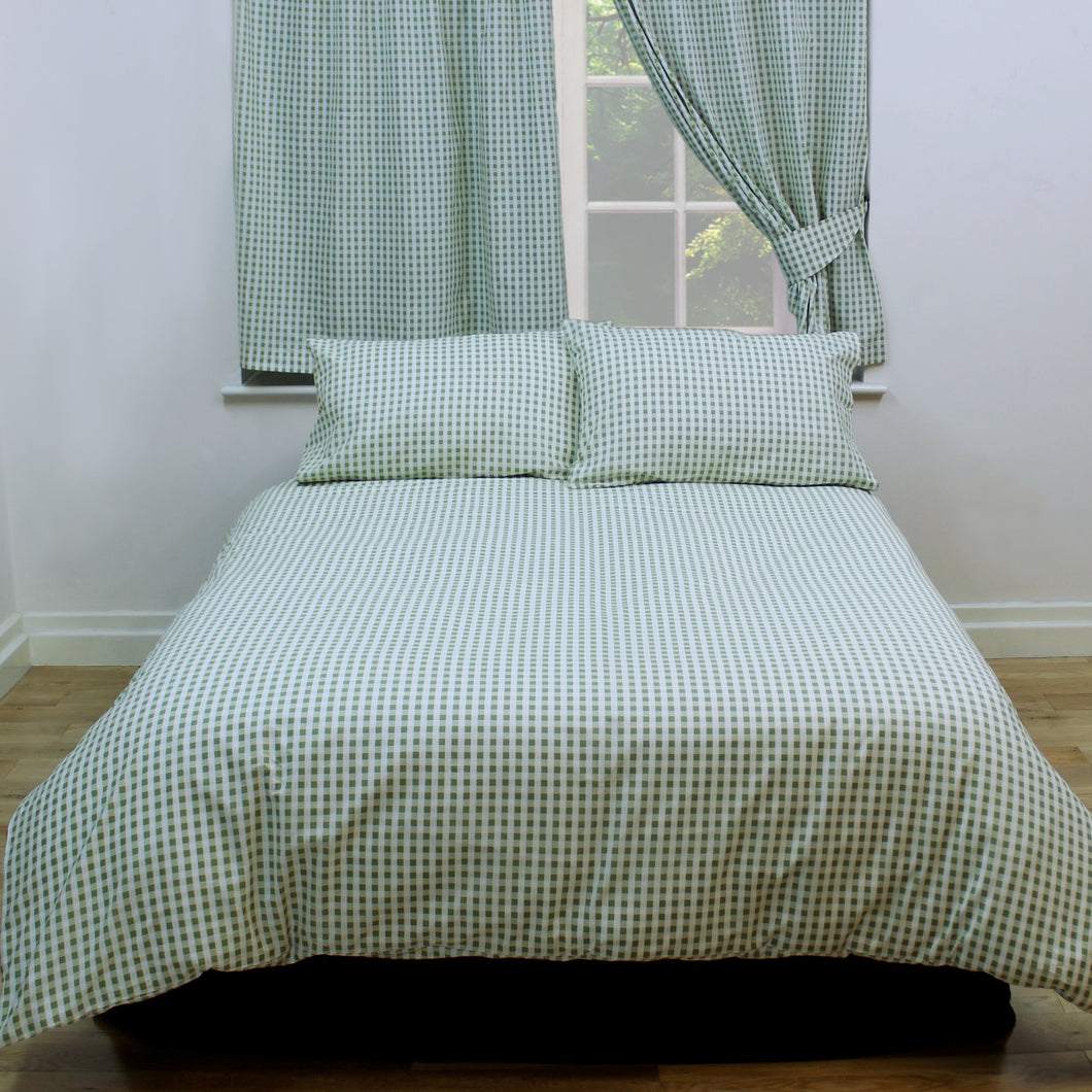 Gingham Check Sage - Duvet Cover Set Country Cottage Cotton Green White