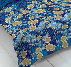 Heron Blue - Duvet Cover Set Floral Leaf Bird Gold Yellow