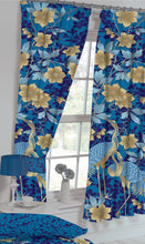 Load image into Gallery viewer, Heron Blue - Curtain Pair Floral Leaf Bird Gold Yellow
