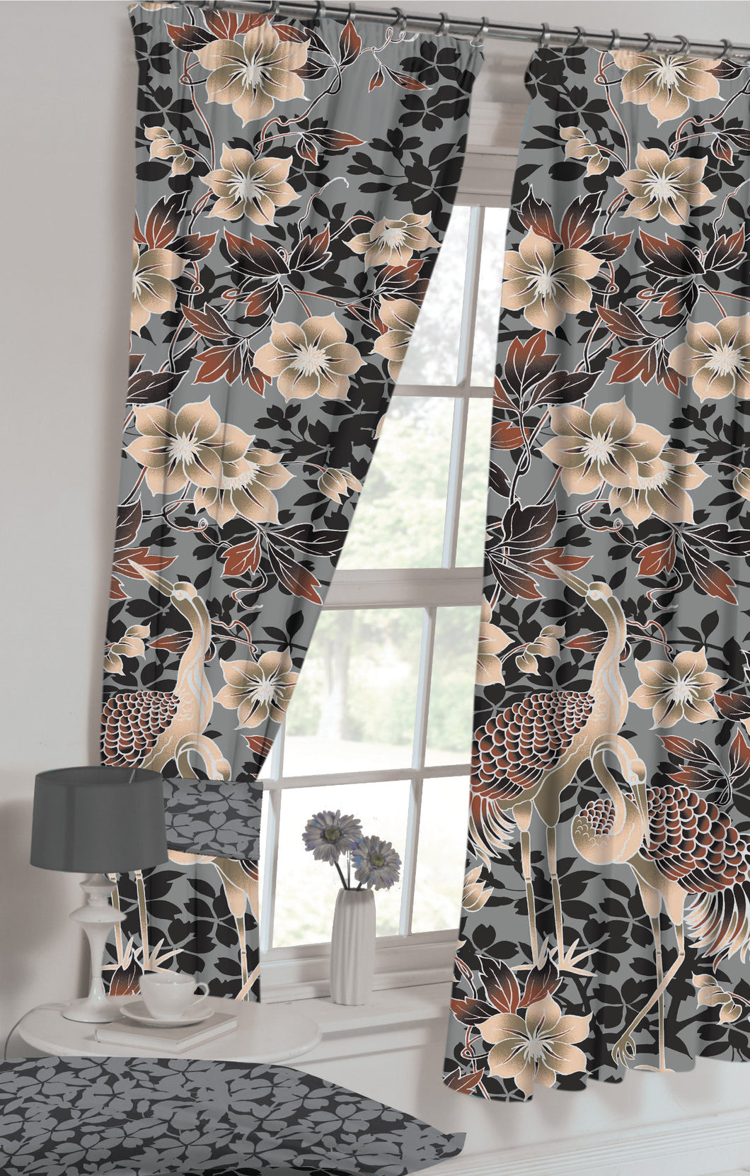 Heron Grey - Curtain Pair Floral Leaf Bird Charcoal Slate Beige Mink Terracotta