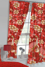 Load image into Gallery viewer, Heron Red - Curtain Pair Floral Leaf Bird Crimson Burgundy Yellow Gold