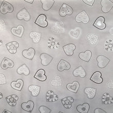 Load image into Gallery viewer, PVC Love Hearts Grey - Wipe Clean Table Cloth Silver Lace Floral Vine Dash