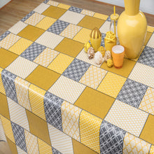 Load image into Gallery viewer, PVC Pattern Tile Yellow - Wipe Clean Table Cloth Mustard Grey White Lattice Geometric