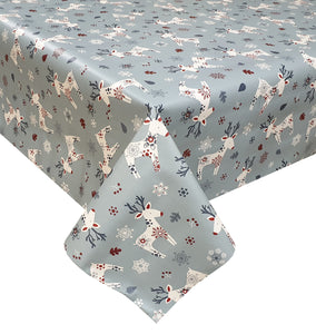 PVC Reindeer Blue - Wipe Clean Table Cloth Xmas Deer Snowflake White Red Navy