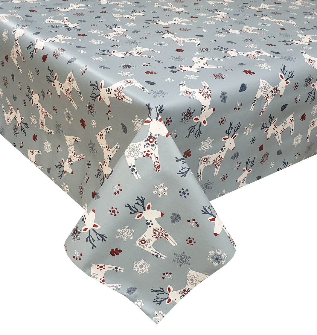 PVC Reindeer Blue - Wipe Clean Table Cloth Xmas Deer Snowflake White Red Navy