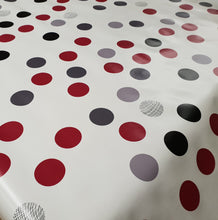 Load image into Gallery viewer, PVC Raspberry Spots - Wipe Clean Table Cloth Cherry Red Grey Black Slate Dots