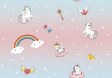 Load image into Gallery viewer, PVC Unicorns - Wipe Clean Table Cloth Clouds Rainbows Gems Wand Pink Blue Stars
