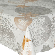 PVC Baubles White - Wipe Clean Table Cloth Snowflake Gold Silver Stars