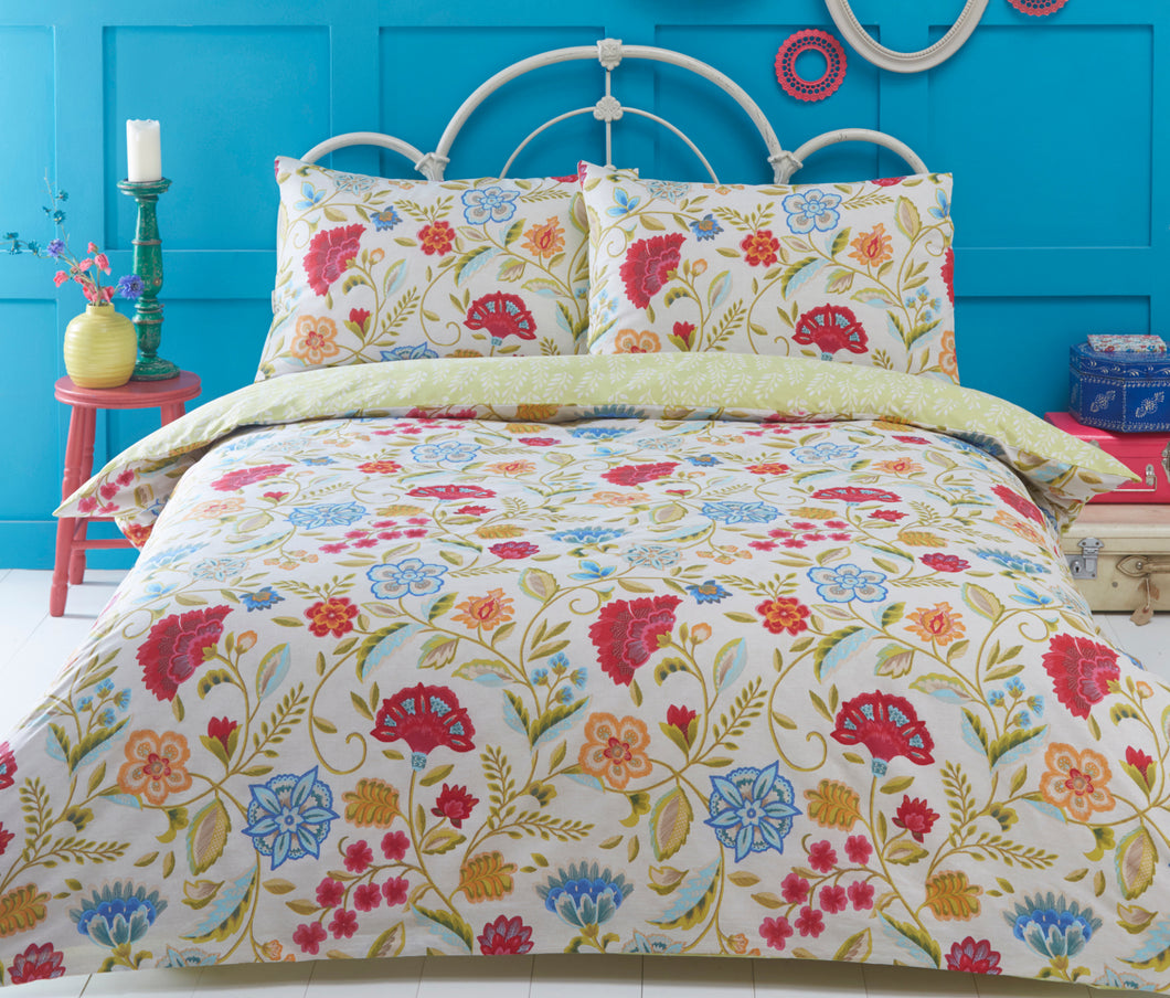 Irvine Cream - Duvet Cover Set Floral Leaves Lime Red Blue