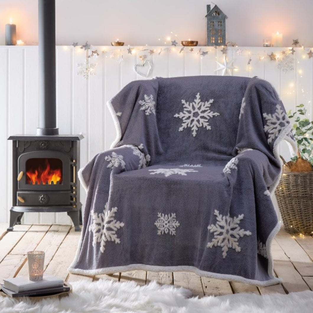 Snowflake Charcoal Sherpa Throw - Soft Fleece Blanket Winter Snow Grey