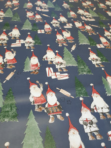 PVC Kitchen Gnomes Blue - Wipe Clean Table Cloth Xmas Gonks Cooking Fir Tree Red White Navy