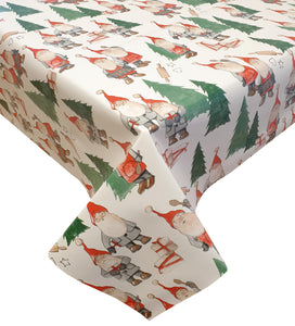 PVC Kitchen Gnomes White - Wipe Clean Table Cloth Xmas Gonks Cooking Fir Tree Red Green Grey
