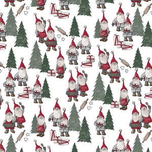 PVC Kitchen Gnomes White - Wipe Clean Table Cloth Xmas Gonks Cooking Fir Tree Red Green Grey