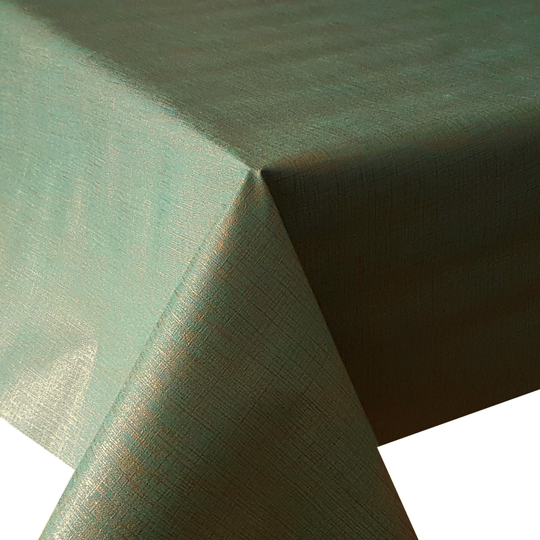 PVC Linen Look Green Gold - Wipe Clean Table Cloth Slubbed